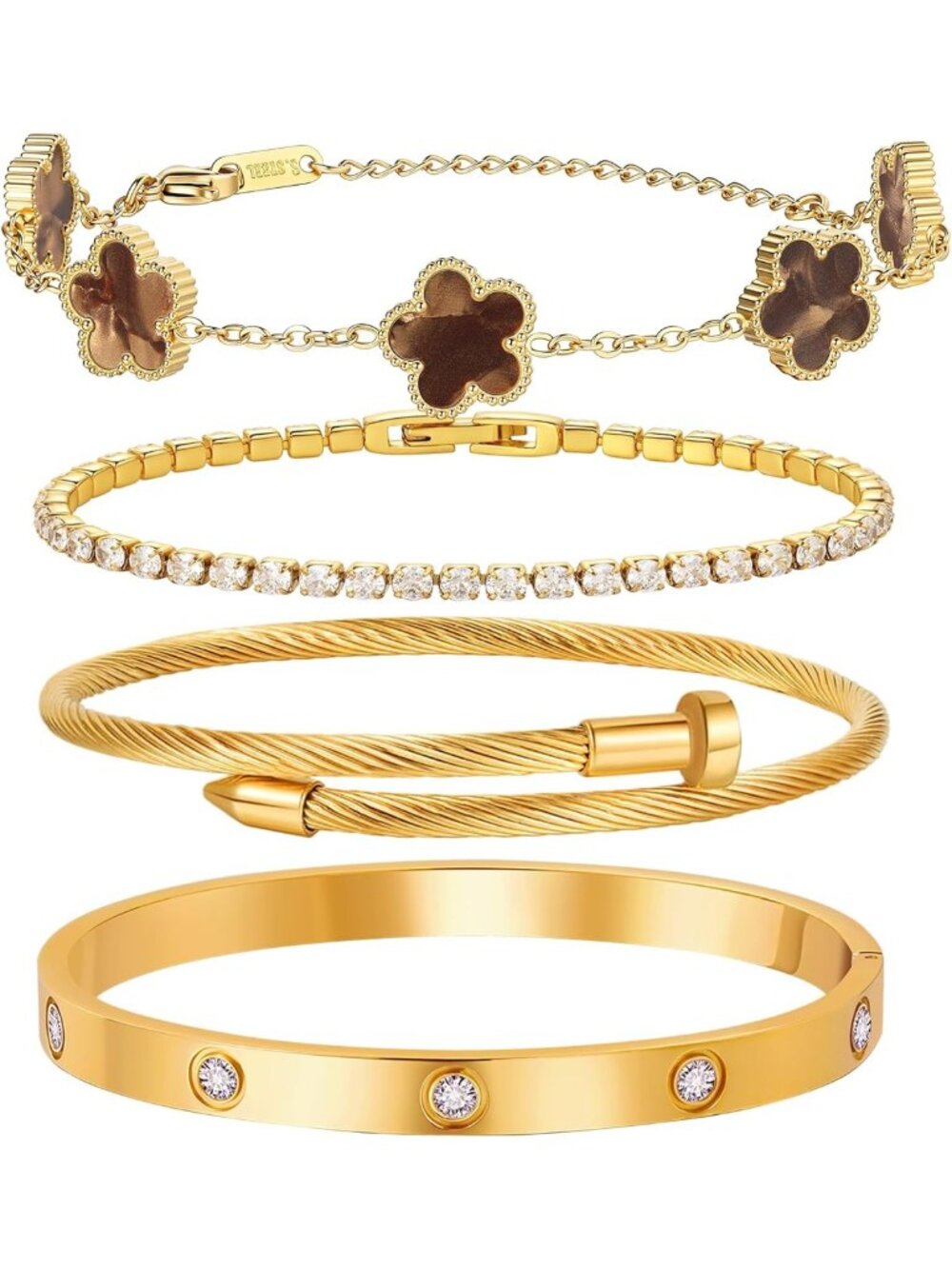 Set of 4 Adjustable Gold Plated Love Bangles - Floral, Tennis & Crystal